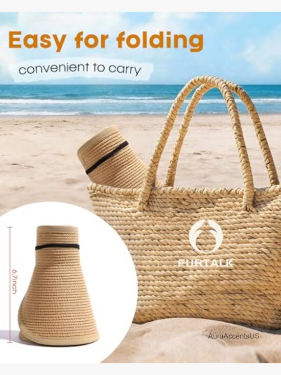 UPF 80+ Wide Brim Straw Sun Visor Hat for Women Foldable Adjustable main image 5
